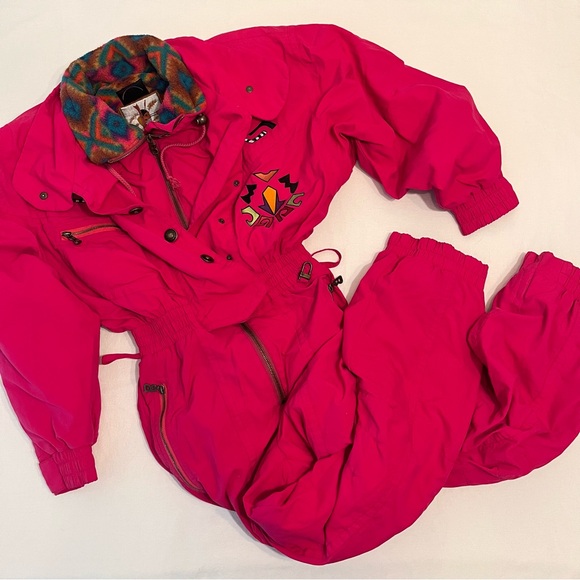 Bogner Jackets & Blazers - Vintage BOGNER Pink Ski Suit One-Piece Skiwear Aztec Embroidered Motifs Snowsuit